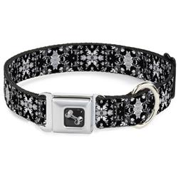 Dog Bone Black/Silver Seatbelt Buckle Collar - Floral Collage Black/Gray/White