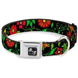 Dog Bone Black/Silver Seatbelt Buckle Collar - Floral Collage2 Black/Red/Orange/Green
