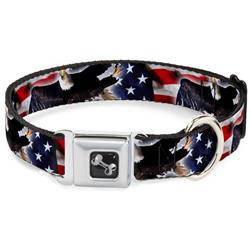 Dog Bone Black/Silver Seatbelt Buckle Collar - Flying Eagle/American Flag