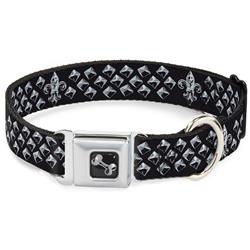 Dog Bone Black/Silver Seatbelt Buckle Collar - Fleur-de-Lis/Studs Black/Grays