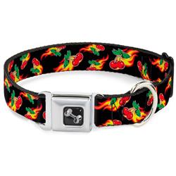 Dog Bone Black/Silver Seatbelt Buckle Collar - Flaming Cherries Scattered Black