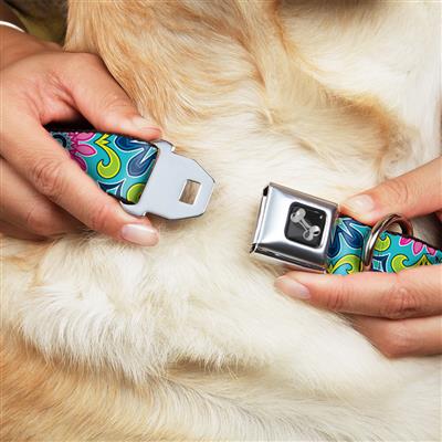 Dog Bone Black/Silver Seatbelt Buckle Collar - Floral Burst Turquoise/Blues/Pinks/Yellow/Green