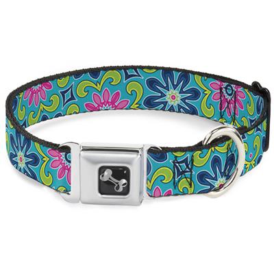 Dog Bone Black/Silver Seatbelt Buckle Collar - Floral Burst Turquoise/Blues/Pinks/Yellow/Green