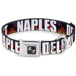 Dog Bone Black/Silver Seatbelt Buckle Collar - Florida Cities Palm Tree Sunset/White