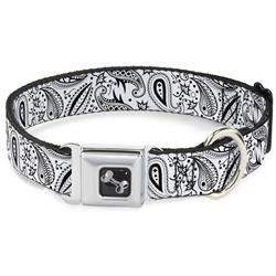 Dog Bone Black/Silver Seatbelt Buckle Collar - Floral Paisley3 White/Black