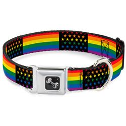 Dog Bone Black/Silver Seatbelt Buckle Collar - Flag American Pride Rainbow/Black