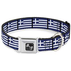 Dog Bone Black/Silver Seatbelt Buckle Collar - Greece Flags