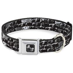 Dog Bone Black/Silver Seatbelt Buckle Collar - Grunge Bricks Black/White