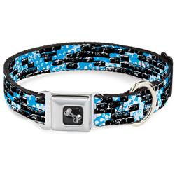 Dog Bone Black/Silver Seatbelt Buckle Collar - Grunge Bricks Blue