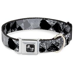 Dog Bone Black/Silver Seatbelt Buckle Collar - Grunge Checker Flag Black/White