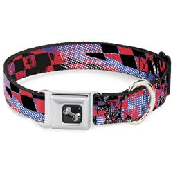 Dog Bone Black/Silver Seatbelt Buckle Collar - Grunge Checker Flag Blue/Red