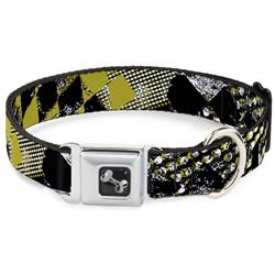 Dog Bone Black/Silver Seatbelt Buckle Collar - Grunge Checker Flag Green