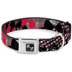 Dog Bone Black/Silver Seatbelt Buckle Collar - Grunge Checker Flag Red