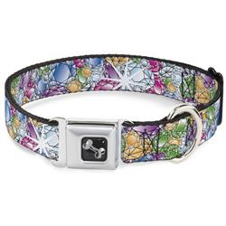 Dog Bone Black/Silver Seatbelt Buckle Collar - Gems Stacked Multi Color