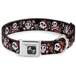 Dog Bone Black/Silver Seatbelt Buckle Collar - Girlie Skull Black/Red