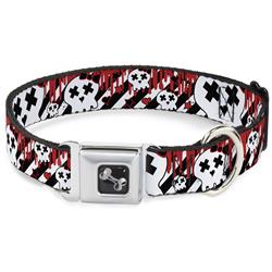 Dog Bone Black/Silver Seatbelt Buckle Collar - Girlie Skull Black/White w/Red Paint Drips