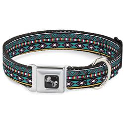 Dog Bone Black/Silver Seatbelt Buckle Collar - Geometric5 Gray/Teal/White/Pink/Yellow