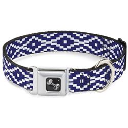 Dog Bone Black/Silver Seatbelt Buckle Collar - Geometric Diamond Blue/White