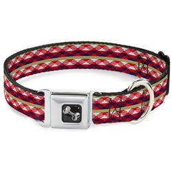 Dog Bone Black/Silver Seatbelt Buckle Collar - Geometric Weave Tan/White/Red/Blue