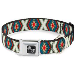 Dog Bone Black/Silver Seatbelt Buckle Collar - Geometric Diamonds Grays/Red/Turquoise