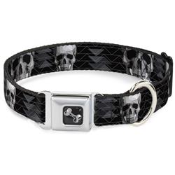 Dog Bone Black/Silver Seatbelt Buckle Collar - Geometric 3-D Skull Face/Chevron Black/Grays/White