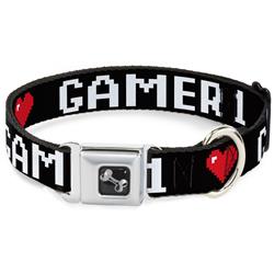 Dog Bone Black/Silver Seatbelt Buckle Collar - GAMER 1/Heart 8-Bit Black/White/Red