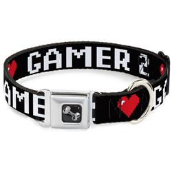Dog Bone Black/Silver Seatbelt Buckle Collar - GAMER 2/Heart 8-Bit Black/White/Red