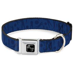 Dog Bone Black/Silver Seatbelt Buckle Collar - Golfing Silhouettes Collage Blues