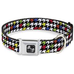 Dog Bone Black/Silver Seatbelt Buckle Collar - Houndstooth Black/White/Multi Neon