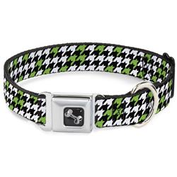 Dog Bone Black/Silver Seatbelt Buckle Collar - Houndstooth Black/White/Neon Green