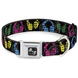 Dog Bone Black/Silver Seatbelt Buckle Collar - Headphones Buffalo Plaid Black/Neon