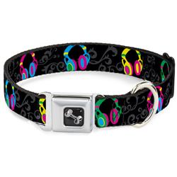 Dog Bone Black/Silver Seatbelt Buckle Collar - Headphones Curls Black/Gray/Neon