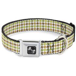 Dog Bone Black/Silver Seatbelt Buckle Collar - Houndstooth White/Green/Brown
