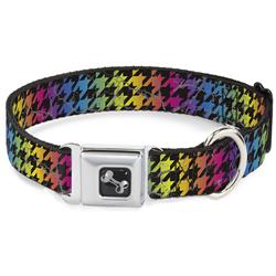 Dog Bone Black/Silver Seatbelt Buckle Collar - Houndstooth Black/Rainbow