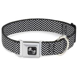 Dog Bone Black/Silver Seatbelt Buckle Collar - Herringbone Jagged Black/White