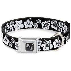Dog Bone Black/Silver Seatbelt Buckle Collar - Hibiscus Black/White