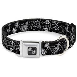 Dog Bone Black/Silver Seatbelt Buckle Collar - Hibiscus Outline Black/White