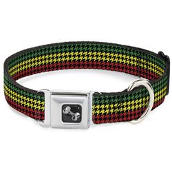 Dog Bone Black/Silver Seatbelt Buckle Collar - Houndstooth Black/Rasta