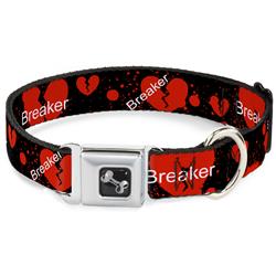 Dog Bone Black/Silver Seatbelt Buckle Collar - Heart Breaker Black/White/Red