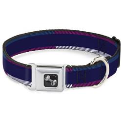 Dog Bone Black/Silver Seatbelt Buckle Collar - Hash Mark Stripe Navy/Turquoise/Fuchsia/White