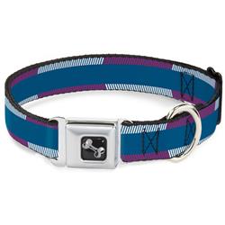 Dog Bone Black/Silver Seatbelt Buckle Collar - Hash Mark Stripe Turquoise/Fuchsia/White