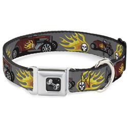 Dog Bone Black/Silver Seatbelt Buckle Collar - Hot Rod w/Flame Skull