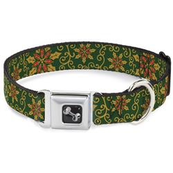 Dog Bone Black/Silver Seatbelt Buckle Collar - Holiday Holly Green/Gold/Red