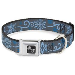 Dog Bone Black/Silver Seatbelt Buckle Collar - Holiday Snowflakes Gray/Blue