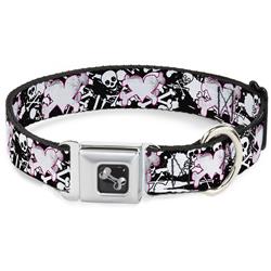 Dog Bone Black/Silver Seatbelt Buckle Collar - Heart & Cross Bones w/Skulls & Splatter Black/White