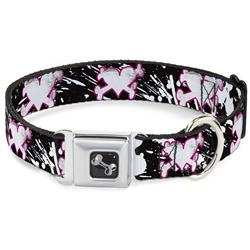 Dog Bone Black/Silver Seatbelt Buckle Collar - Heart & Cross Bones w/Splatter Black/White
