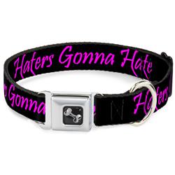 Dog Bone Black/Silver Seatbelt Buckle Collar - Haters Gonna Hate w/Gem Black/Fuchsia