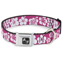 Dog Bone Black/Silver Seatbelt Buckle Collar - Hibiscus Neon Pink/White