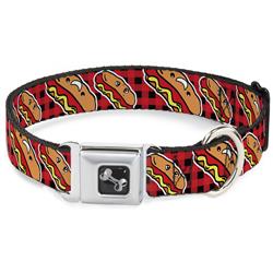 Dog Bone Black/Silver Seatbelt Buckle Collar - Hot Dogs/Buffalo Plaid Black/Red