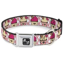 Dog Bone Black/Silver Seatbelt Buckle Collar - Happy Cupcakes Buffalo Plaid White/Pink